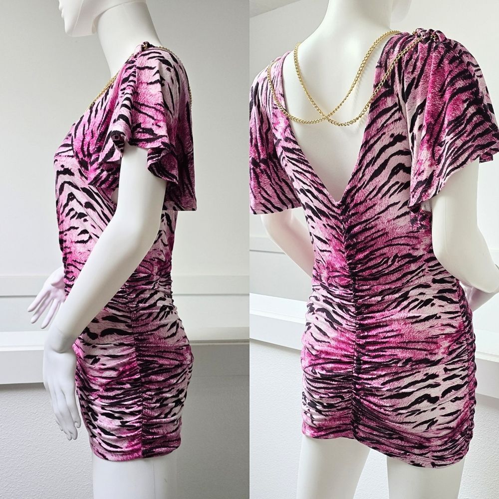 COOGI Y2K Ruched Plunge Zebra Print Mini Dress in Electric Hot Pink - Picture 2 of 16